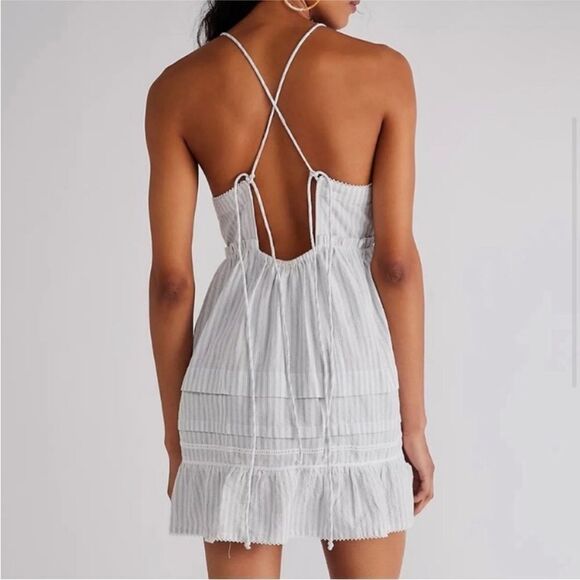 Free People NWT Desert Days Striped Cotton Mini Dress in Ivory/Light Blue Medium - Picture 2 of 8